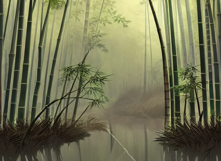 Prompt: deep in a misty japanese bamboo forest, small river, mountain background, sunny, cartoony, 9 0 s anime style, sun rays, soft, moody lighting, by hayao miyazaki, ghibli studio, makoto shinkai, toei animation, studio trigger, trending on artstation, 4 k, hd