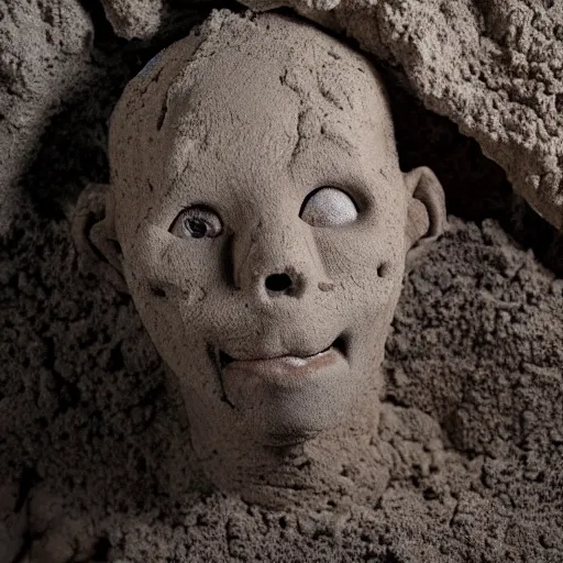 Prompt: found footage of a humanoid made of grayish clay emerging from a wall inside of a cave made of grayish clay, creepy, flash photography, unsettling, moist
