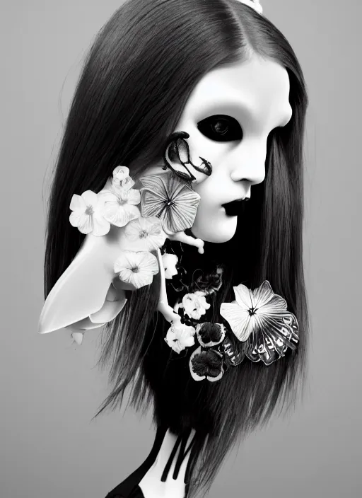 Prompt: black and white dreamy profile face portrait, biomechanical beautiful angelic young female cyborg - robot - doll with long hair made of flowers, body ribs, volumetric light, hibiscus flowers, rim light, big gothic fashion pearl embroidered collar, 1 9 3 0, 8 k