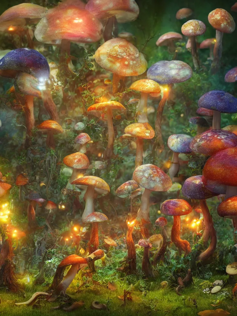 Prompt: a psychedelic engine creates mushrooms while fairy's dance in delight, by brian froud, octane render, 8 k, beautifully lit