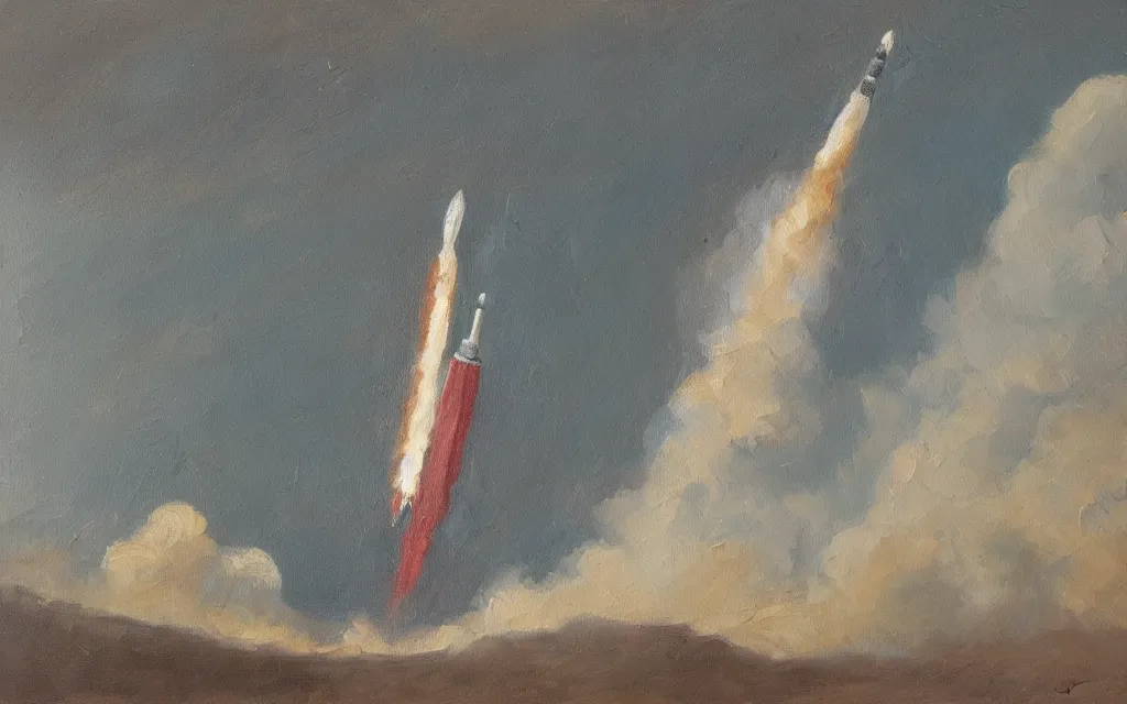 Prompt: a painting of a rocket, by vilhelms purvitis, oil on canvas