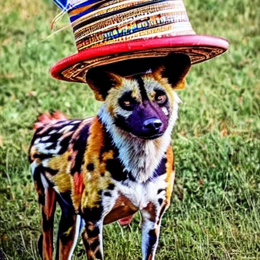 Image similar to A photo of the world's greatest sheriff: an african painted dog wearing a sombrero!