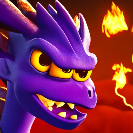 Prompt: cinematic portrait of Spyro the Dragon breathing fire