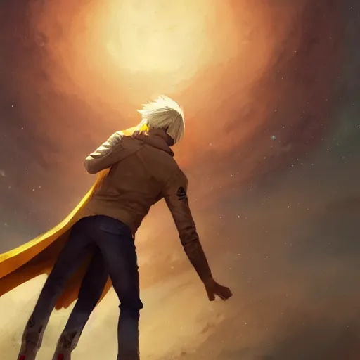 Prompt: blonde boy with bright yellow eyes wearing a brown cape and flying in t pose, space background, greg rutkowski