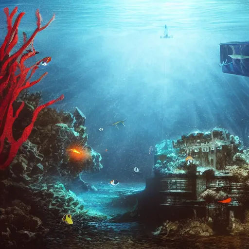 Prompt: underwater edinburgh castle, deep underwater, fish shoal, concept art in style of Greg Rutkowki, dynamic lighting, 4k, very very very highly detailed, very very very realistic