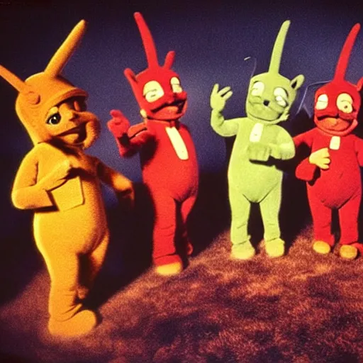 Image similar to “a film photograph of the teletubbies as 1940s gangsters with guns, dramatic lighting, 4k, highly detailed”