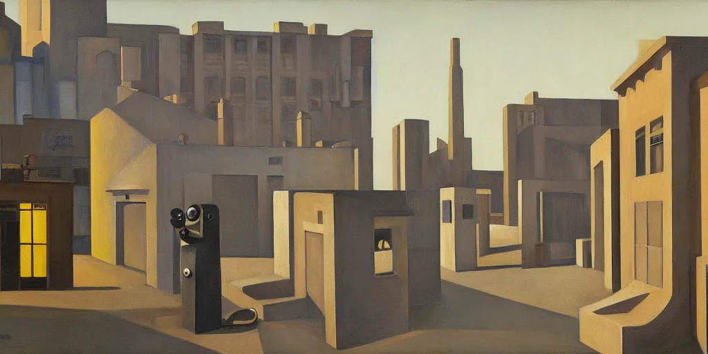 Image similar to stark brutalist town, street elevation, robot guards, grant wood, pj crook, edward hopper, oil on canvas