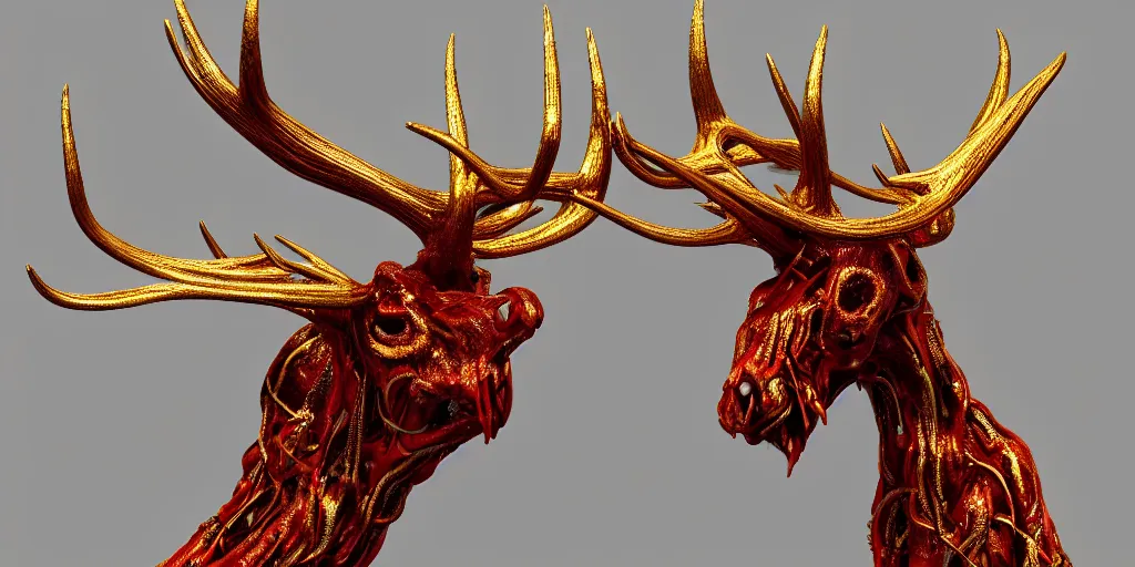 Prompt: stylized shiny polished gold statue full body bizarre extra limbs cosmic horror quadruped animal moose deer skull four legs made of marble of slug worm creature tendrils perfect symmetrical body perfect symmetrical face hyper realistic hyper detailed by johannen voss by michelangelo octane render blender 8 k displayed in pure white studio room anatomical deep red arteries veins flesh hell