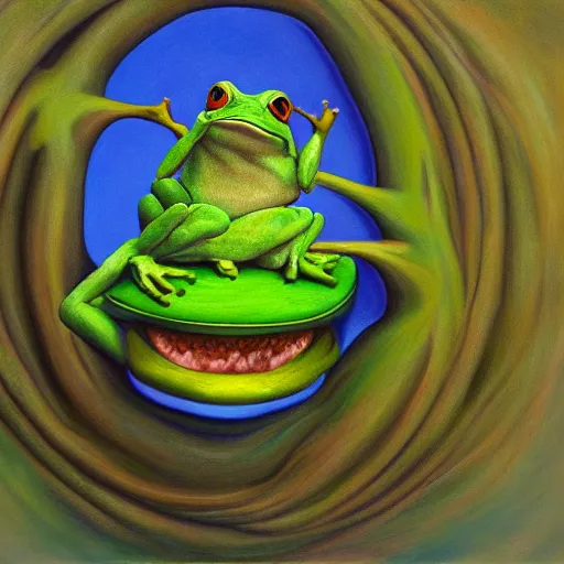 Prompt: Dreaming Frog, Oil on Canvas, Detailed, Colored, Surrealism