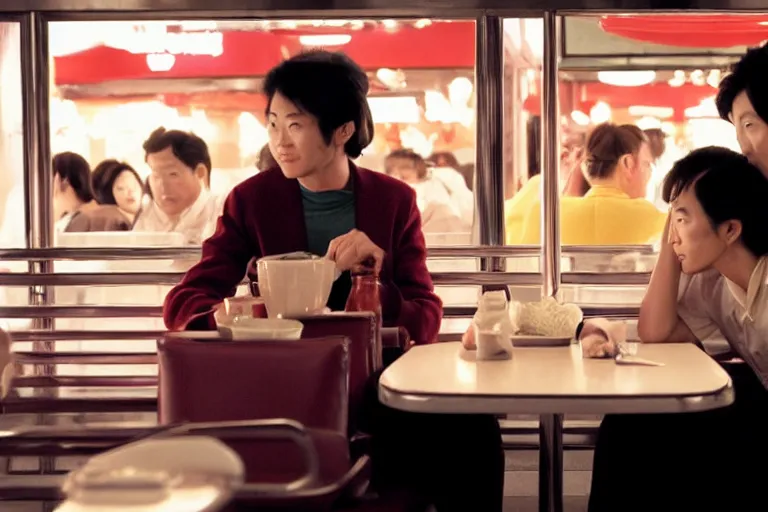 Prompt: movie interior closeup beautiful Japanese couple closeup sitting and talking at 50s diner, night in the city, beautiful skin, by Emmanuel Lubezki