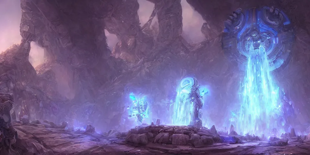 Prompt: ( digital painting of a big humanoid robot, made of white stone, purple crystal inlays ), warcraft kyrian style, by jonas de ro and samwise didier, keeping the entrance of a sanctum, crystals enlight the scene, view is centered on the robot, cinematic lights, at dawn, unreal engine, artstation, deviantart