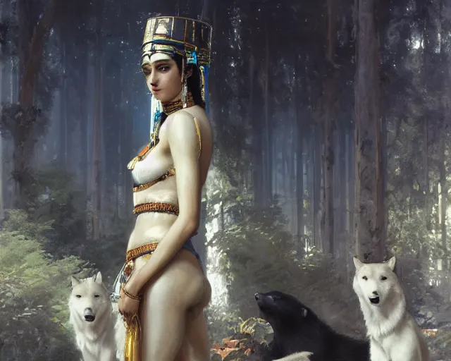 Image similar to 5 5 mm portrait photo of sensual cleopatra with her pet white wolves. magical atmosphere. art by greg rutkowski. highly detailed 8 k. intricate. lifelike. soft light. ilya kuvshinov and jeremy lipking and quentin mabille, light novel cover art, 3 d epic illustrations, symmetric body,