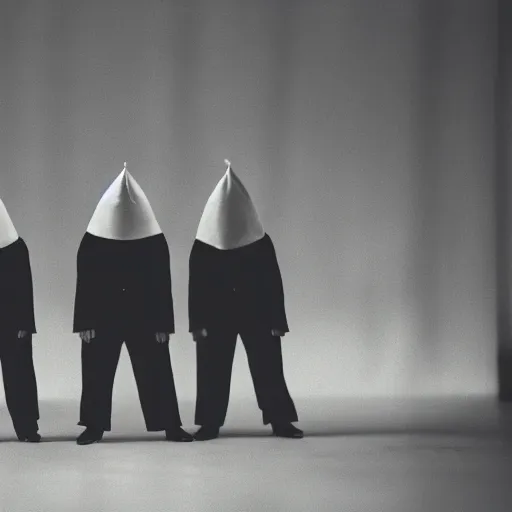 Prompt: conehead puppets wearing suits praying around a illuminated black cube, film grain