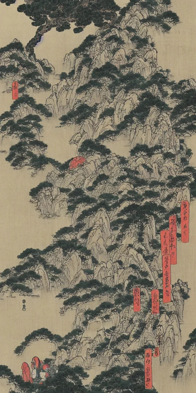 Prompt: taoist temples in huangshan, artwork by katsushika hokusai