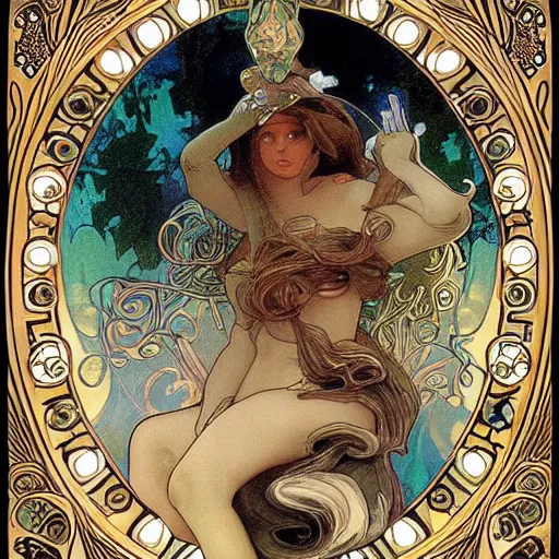 Image similar to Alice in Wonderland,Diamonds Blaze,Rose twining,out of time and space,dreamy, eternity, romantic,highly detailed,in the style of Alphonse Maria Mucha, highly detailed,night lighting