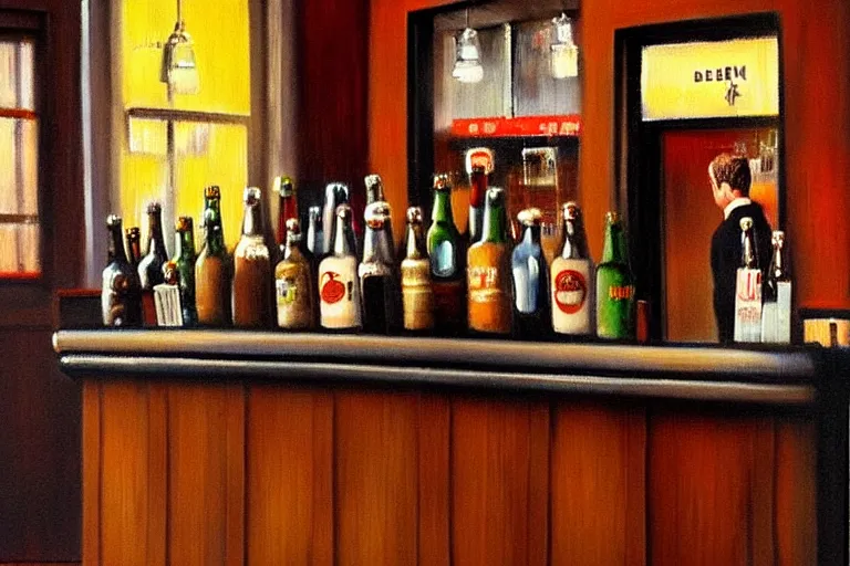 Prompt: a drunken bottle of beer stands a bar yelling at the bar tender, art by dean macadam