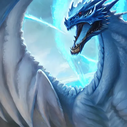 Image similar to a blue eye white dragon, battlefield background, bright art masterpiece artstation. 8 k, sharp high quality artwork in style of jose daniel cabrera pena and greg rutkowski, concept art by tooth wu, blizzard warcraft artwork, hearthstone card game artwork, yugioh artwork