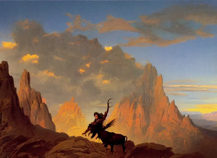 Prompt: willem dafoe as a native american riding bison, buffalo, native american warrior, mountain range, beautiful sky, standing on the edge of a cliff, 1 9 th century, painted by frazetta
