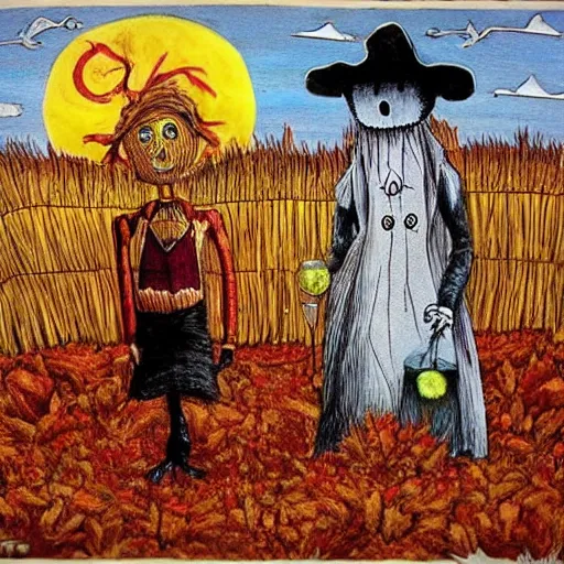 Prompt: a scarecrow and a ghost are drinking red wine in a fancy restaurant. folk horror art style. autumnal colours. highly detailed