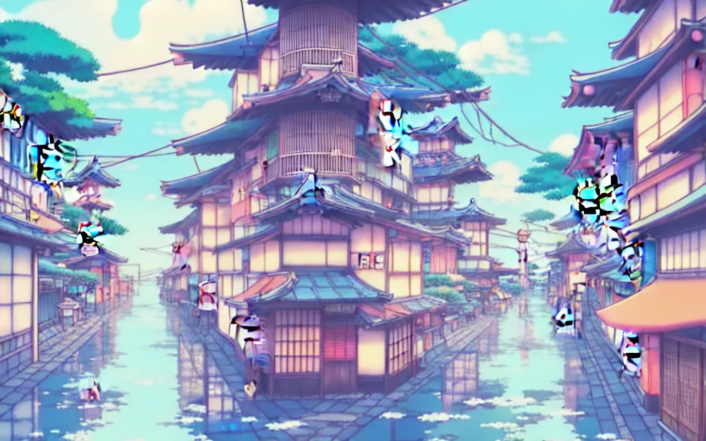 Image similar to a japanese city near the sea, lofi, dreamy, moody, very colorful, anime inspiration, ghibli vibe