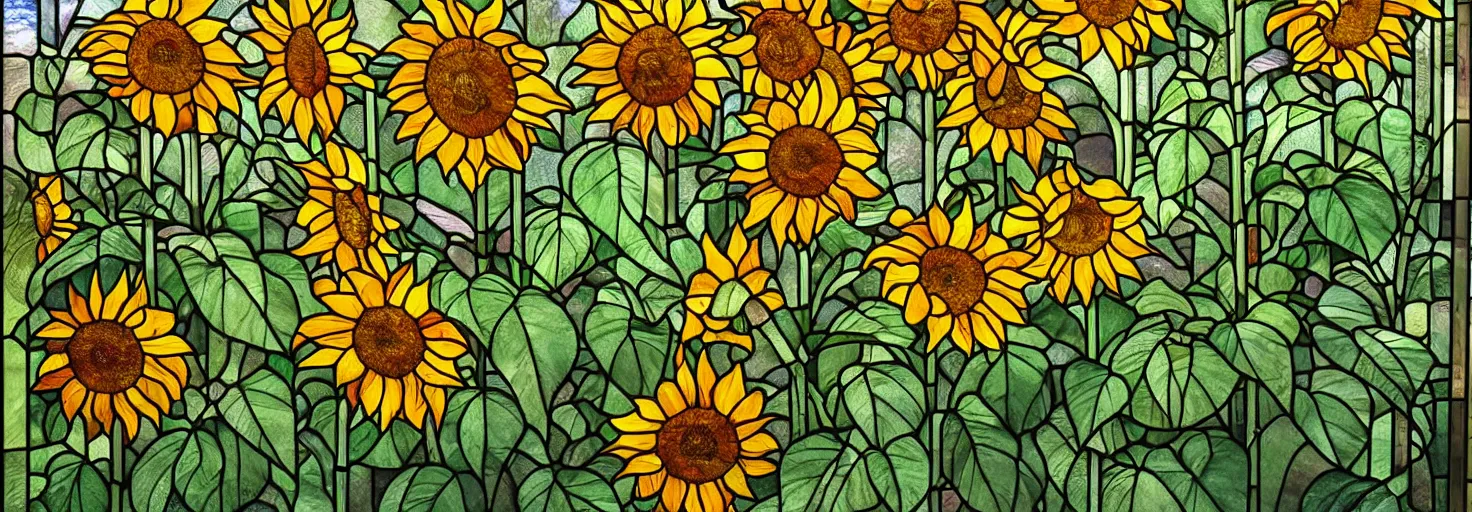 Prompt: a beautiful stained glass window depicting sunflowers by louis comfort tiffany