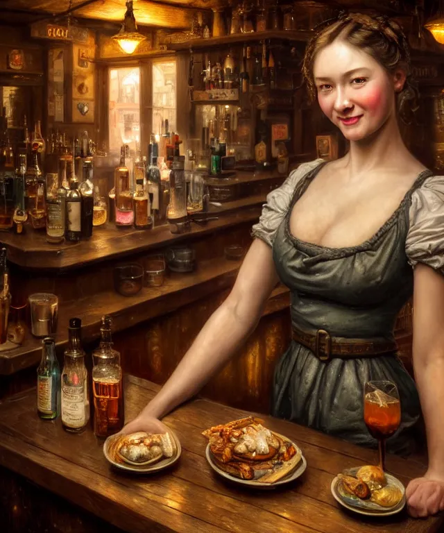 Image similar to hyperrealistic mixed media painting of a beautiful smiling charismatic barmaid, dimly lit cozy tavern, relaxed pose, medieval period, stunning 3d render inspired art by Tim Okamura + perfect facial symmetry + dim volumetric lighting, 8k octane beautifully detailed render, post-processing, extremely hyperdetailed, intricate, epic composition, grim yet sparkling atmosphere, cinematic lighting + masterpiece, trending on artstation, very very detailed, masterpiece, stunning, lifelike, photorealistic, art by John Collier and Albert Aublet and Krenz Cushart and Artem Demura and Alphonse Mucha