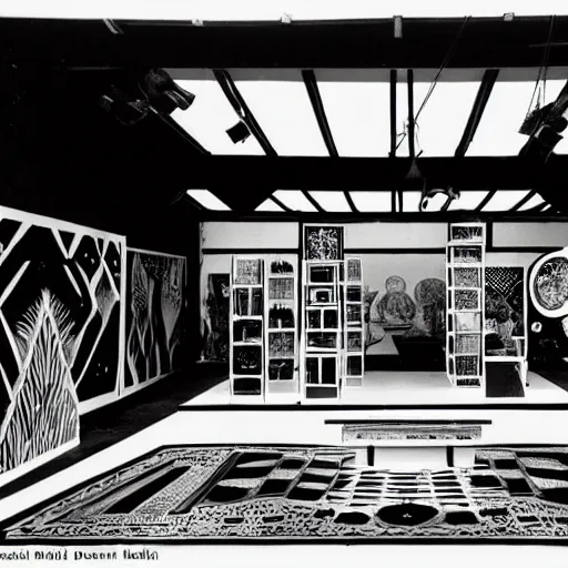 Image similar to A black and white sérigraphie of an exhibition space with works of Sun Ra, Marcel Duchamp and tropical plants