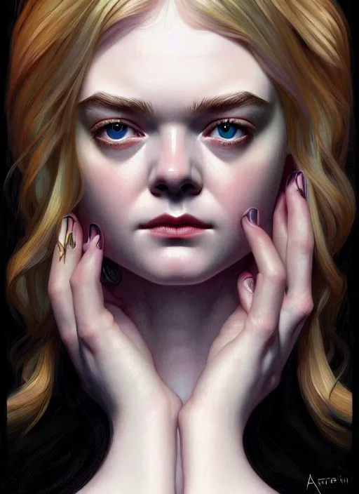 Image similar to symmetry!! portrait of elle fanning in prey, horror, fashion, dark!! intricate, elegant, highly detailed, digital painting, artstation, concept art, smooth, sharp focus, illustration, art by artgerm and frank frazetta and alphonse mucha