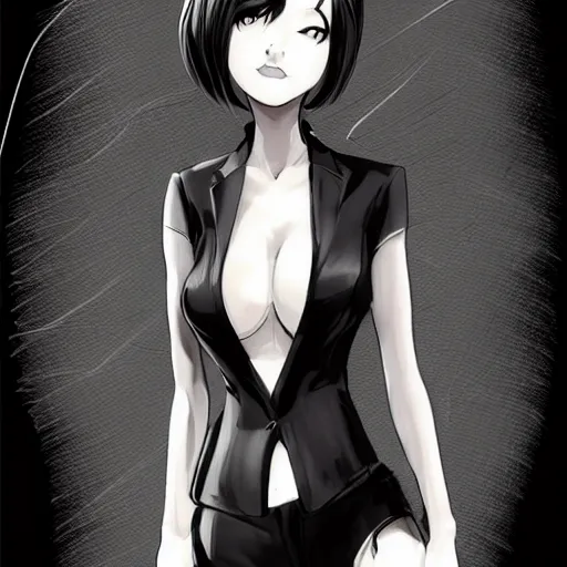 Image similar to slim beautiful killer girl in tuxedo with black wavy bob hair, elegant, 2d, ultra highly detailed, digital painting, smooth, sharp focus, artstation, black and white art by Tsutomu Nihei