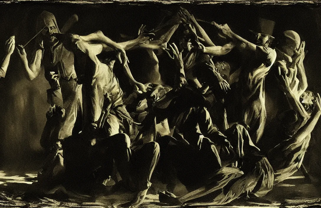 Image similar to light and shade should blend without lines or borders, in the manner of smoke the pyramid of figures is drawn together intact flawless ambrotype from 4 k criterion collection remastered cinematography gory horror film, ominous lighting, evil theme wow photo realistic postprocessing interpolated rotoscope there is no sense of movement tintype intricate painting by john singer sargent