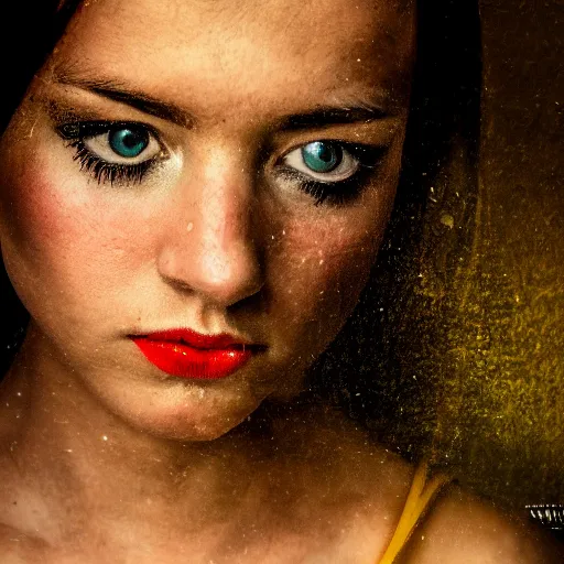 Image similar to a photo of a beautiful woman. moody and melanchony, dramatic lighting. with a little bit of tasteful yellow and red.