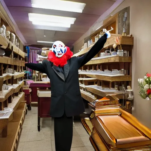 Prompt: a clown shopping for coffins at a funeral home