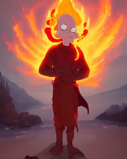 Image similar to squidward wearing fire nation clothing and practicing firebending outside at susnset, [ [ [ [ [ [ greg rutkowski ] ] ] ] ] ]