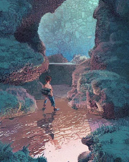 Image similar to a boy sneaking behind a giant sleeping giant, in a cave by the water, digital art, illustrated by james gurney and victo ngai