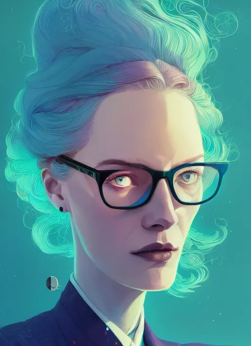 Prompt: portrait of beautiful nordic woman wearing suit, blue eyes with eyeglasses, artstation winner by victo ngai, kilian eng and by jake parker, by conrad roset, swirly vibrant color lines, winning award masterpiece, fantastically gaudy, aesthetic octane render, 8 k hd resolution