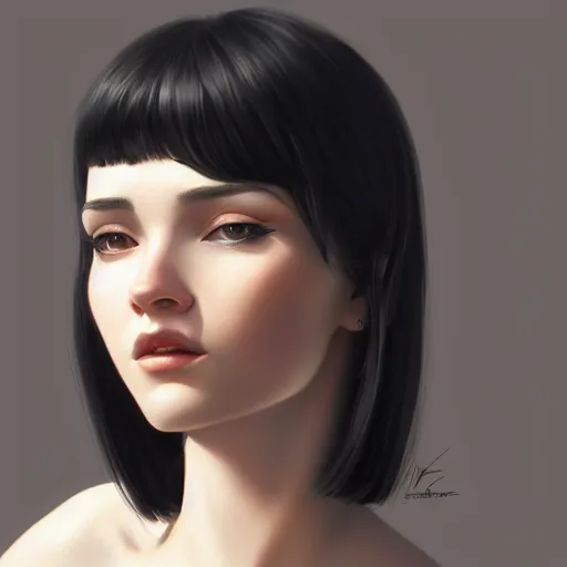 Image similar to portrait of beautiful young woman with black-hair and bangs, highly detailed, digital painting, artstation, concept art, sharp focus, illustration, art by ilya kuvshinov, krenz cushart, Greg Rutkowski