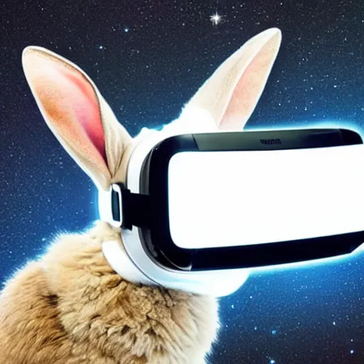 Prompt: a rabbit wearing a virtual reality head-mounted-display, digital portrait, black background with stars