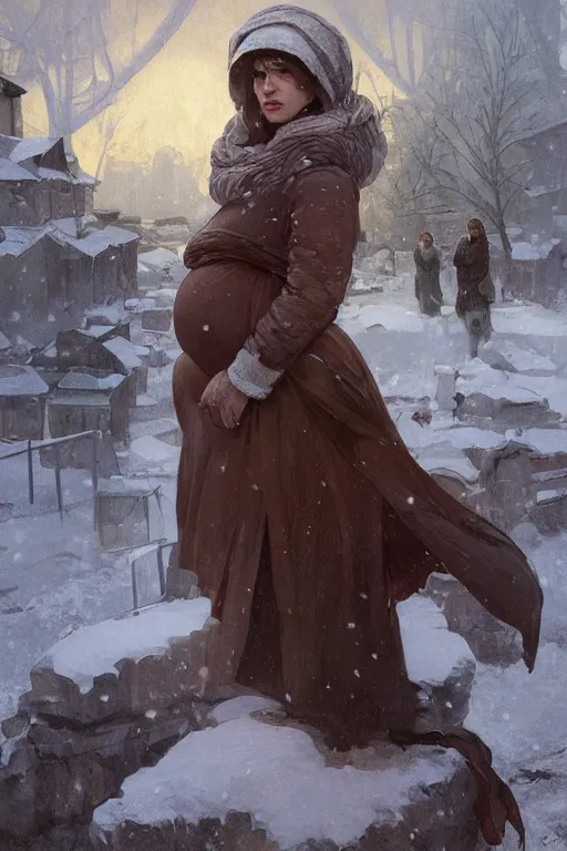 Image similar to portrait of a hungry and unhappy pregnant woman in the besieged Leningrad in winter, digital painting, artstation, concept art, smooth, sharp focus, illustration, art by artgerm and greg rutkowski and alphonse mucha