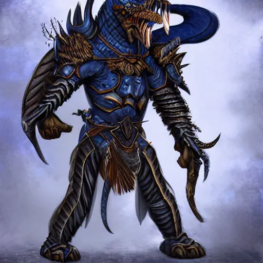 Prompt: a dark blue dragonborn with large tusks, half of his face flaming with blue flame, he wears a black dragon scales armor, large black boots and brown pants, digital art