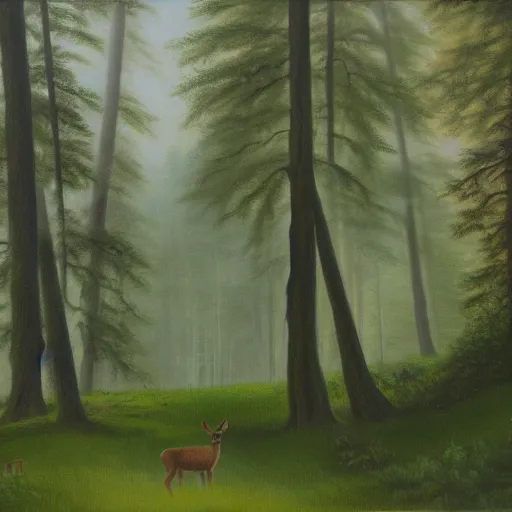 Image similar to an oil painting of a foggy forest with a spring and a deer