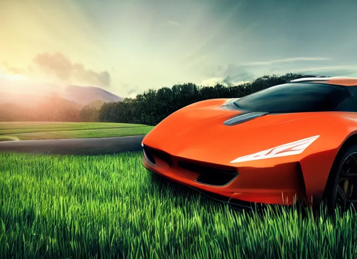 Prompt: cinematic fast futuristic sportscar in a lush field, shiny, oil on canvas, beautiful lighting, photorealistic, sharp, sunset, by scott robertson