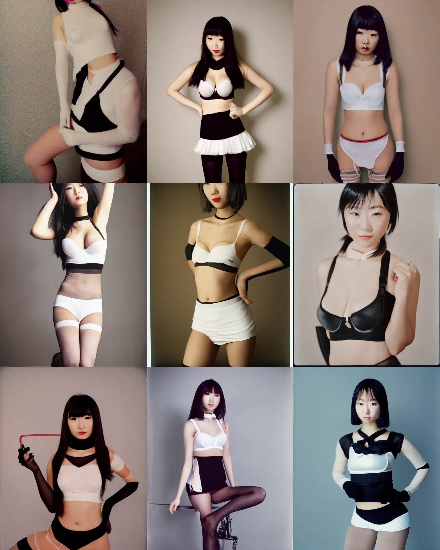 Prompt: Worksafe. 2000s, 8K HD professional studio photo of a close-up young beautiful gorgeous cute Japanese woman posing at white room, wearing bra, shirt, skirt, pantyhose tights, gloves, choker. At Behance and Instagram, with filters, taken with polaroid kodak portra