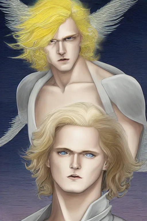 Prompt: digital art of a pale menacing male Cyborg Angel of Battle with fluffy blond curls of hair and piercing eyes, ascending to godhood blessed by the sun, bathed in scintillating radiance, johan liebert mixed with Dante, central composition, he commands the fiery power of resonance and wrath, very very long blond curly hair, fringe over forehead, Center parted bangs, forehead bangs parted in the middle, baroque curls, by WLOP, Artstation, CGsociety