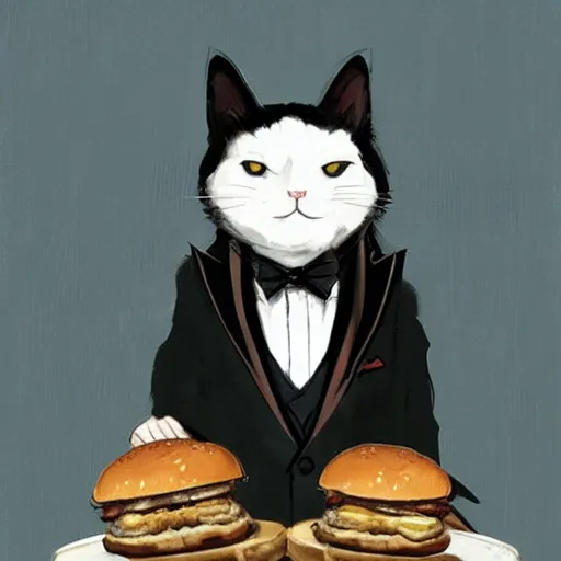 Image similar to a black fat cat on a tuxedo holding a bagel!, trade offer meme, art by greg rutkowski