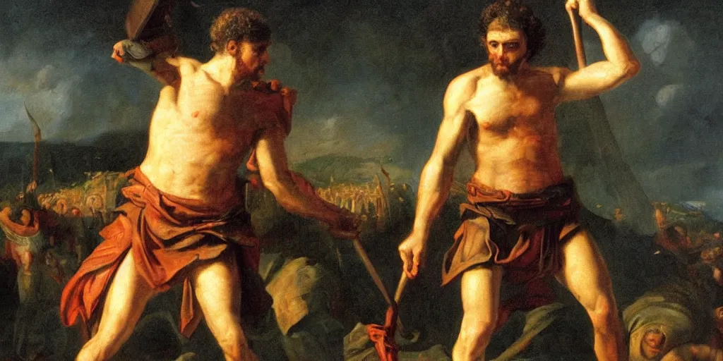 Image similar to high quality high detail painting, of david killing giant goliath