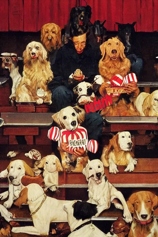 Image similar to ten dogs watching a movie at movie theater eating popcorn painted by norman rockwell