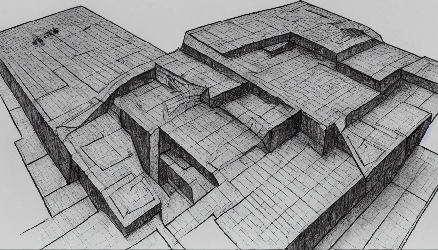 Image similar to big brutalist villain base, drawing architecture, very long shot, top angle