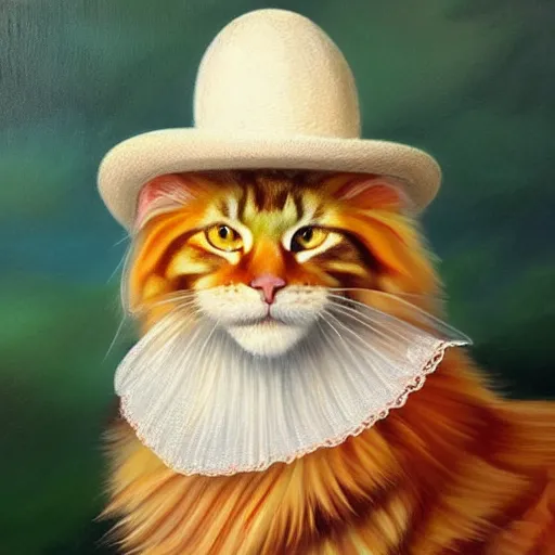 Prompt: Beatiful Oil painting of an orange Maine-coon with a white beard. wearing a wide-brimmed straw white sombrero sombrero