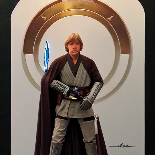 Image similar to luke skywalker grand master jedi from legends books, with the logo of star wars above him little eyes, jedi from star wars, intricate detailed face, artgerm, greg rutkowski, alphonse mucha