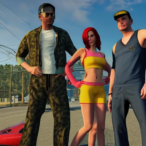 Prompt: A GTA 5 game loading screen featuring A Pterodactyl, Freddy Jrueger, a redhead Waifu, CHAPPIE in an Adidas track suit, and a TVR Sagaris